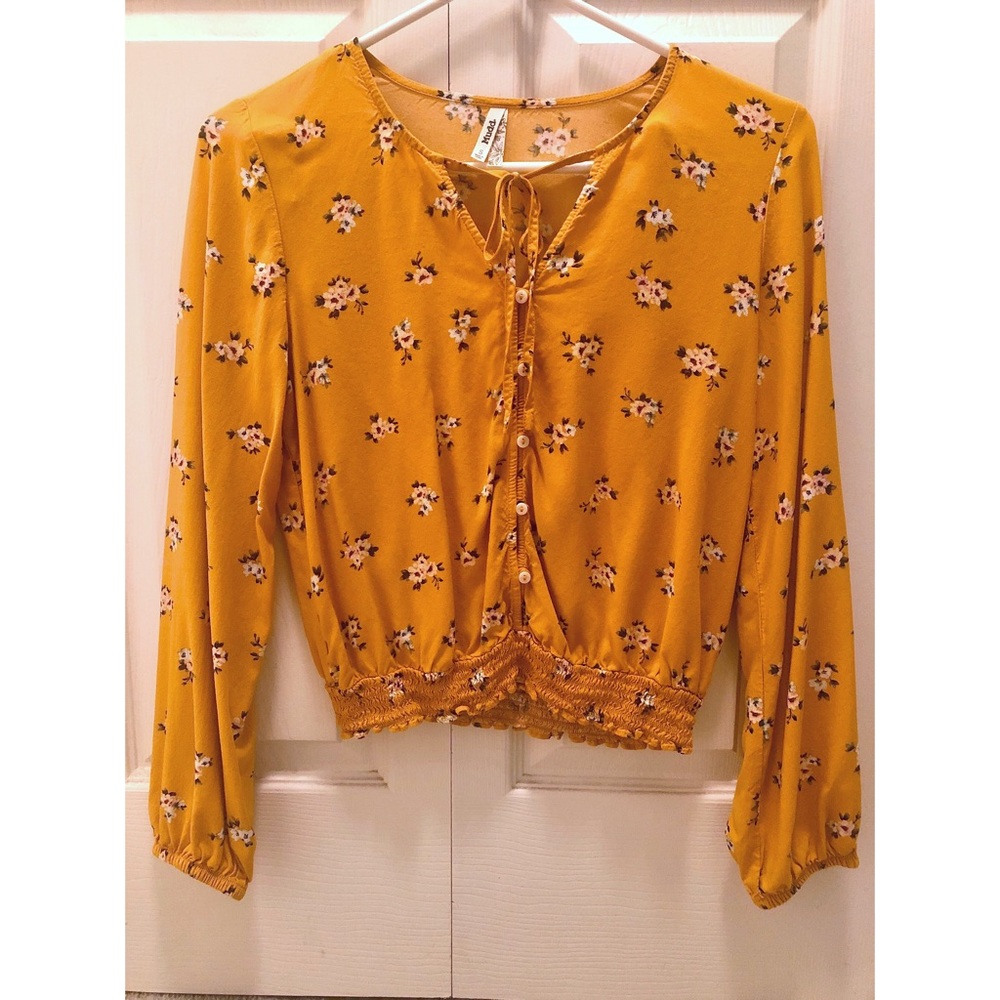 Mudd Cropped Blouse Mustard Floral Peasant Sleeves